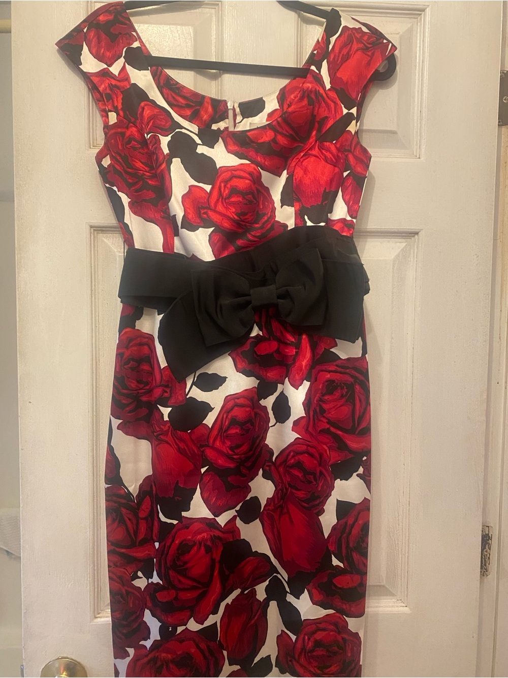 Joseph Ribkoff Red Rose Print Midi Dress with Black Bow 6